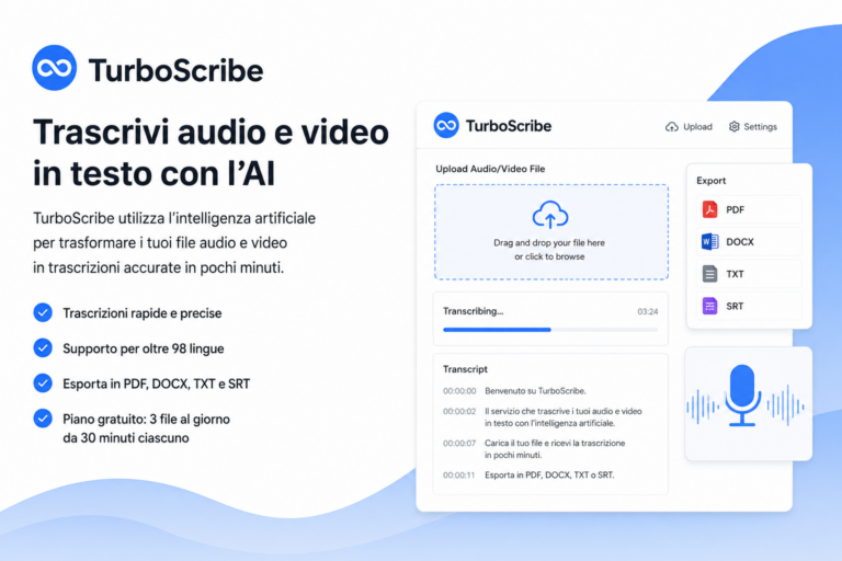 TurboScribeTurboScribe: trascrivere file audio con l’intelligenza artificiale gratisTurboScribe